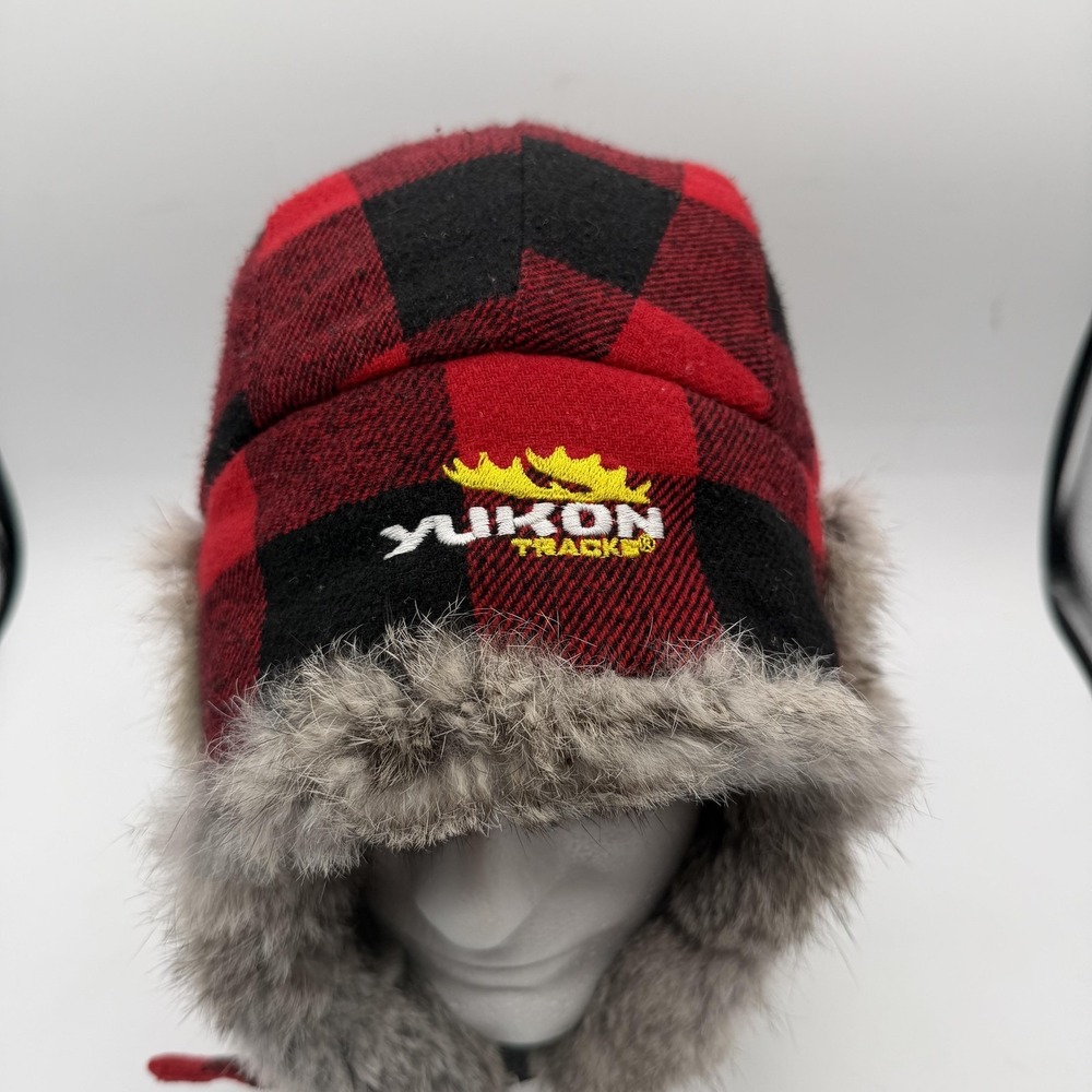 Yukon Tracks Trapper Hat Mens Large Red Black Plaid Rabbit Fur Winter Outdoor - Picture 2 of 14